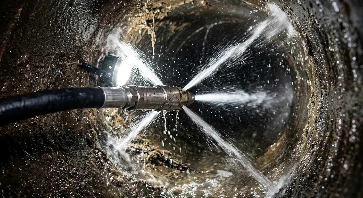 High-pressure hydro jetting nozzle cleaning sewer pipe for Trenchless Sewer Repair in Colorado Springs