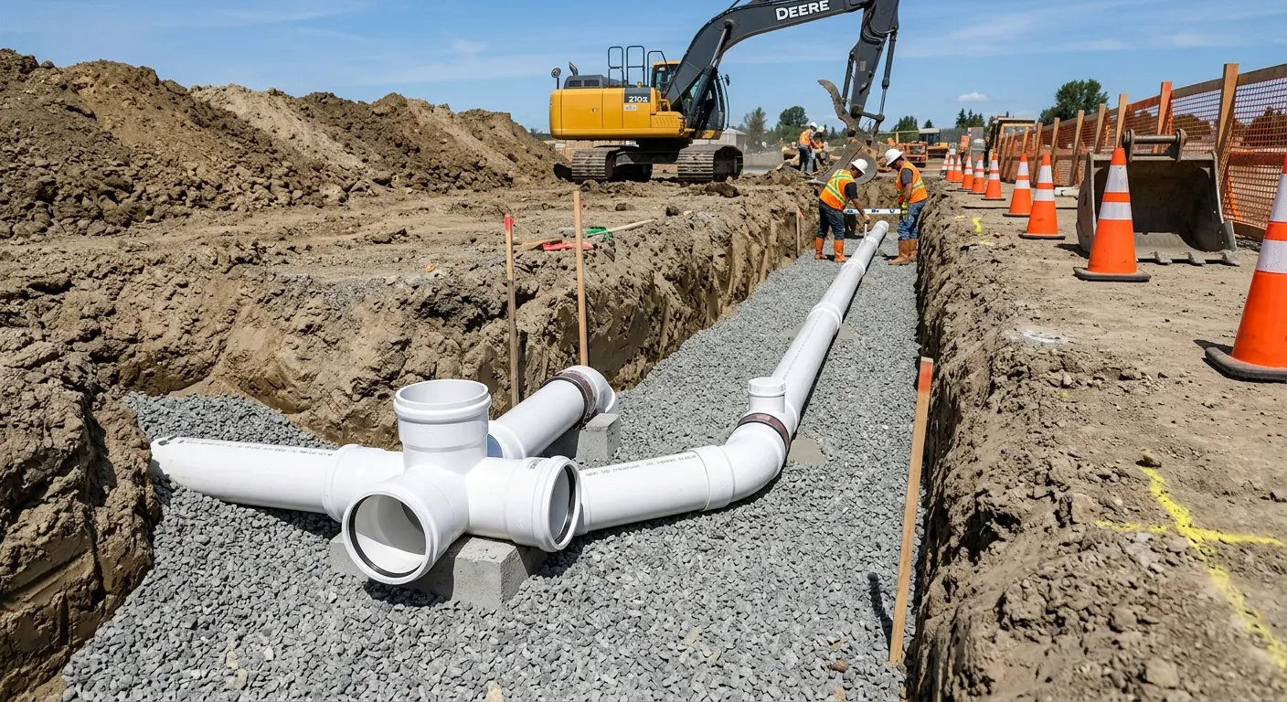 New PVC sewer pipe installation in open trench for Sewer Backup in Colorado Springs
