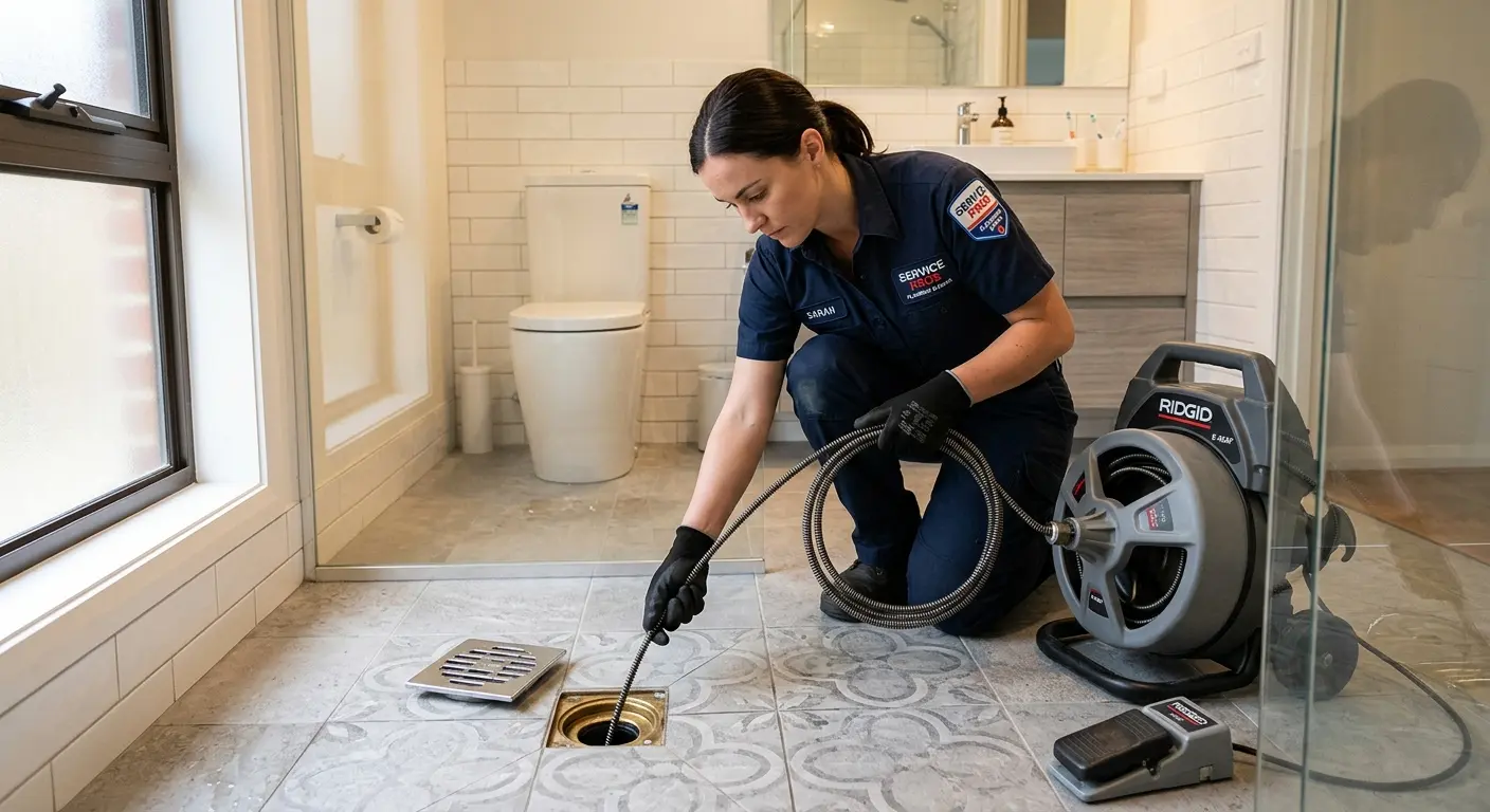 Technician clearing a bathroom floor drain for Sewer Line Replacement in Colorado Springs